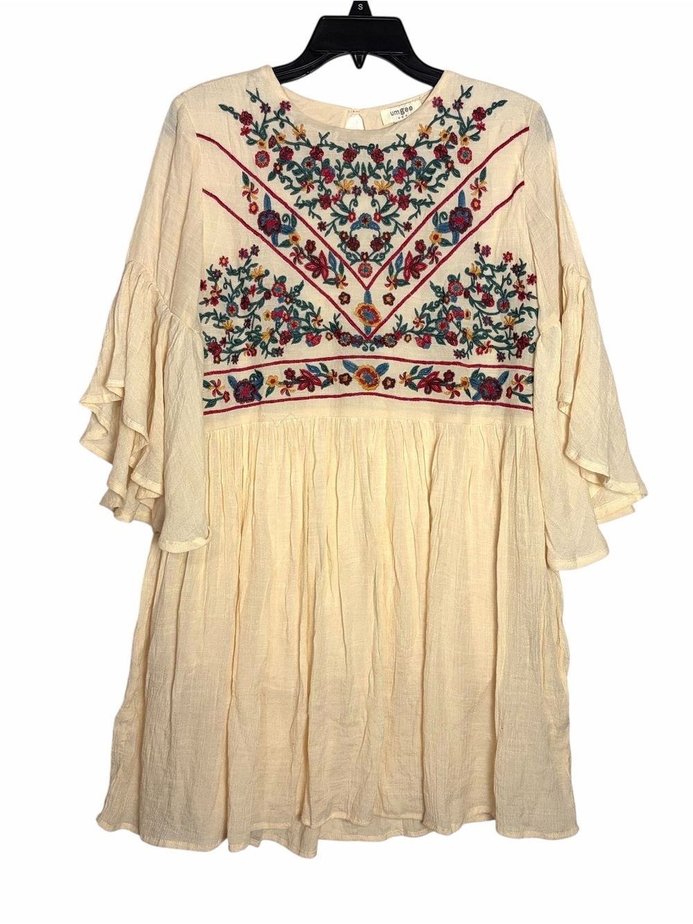 Umgee Boho Bliss floral embroidered cream dress ruffle bell sleeves Lined Size M